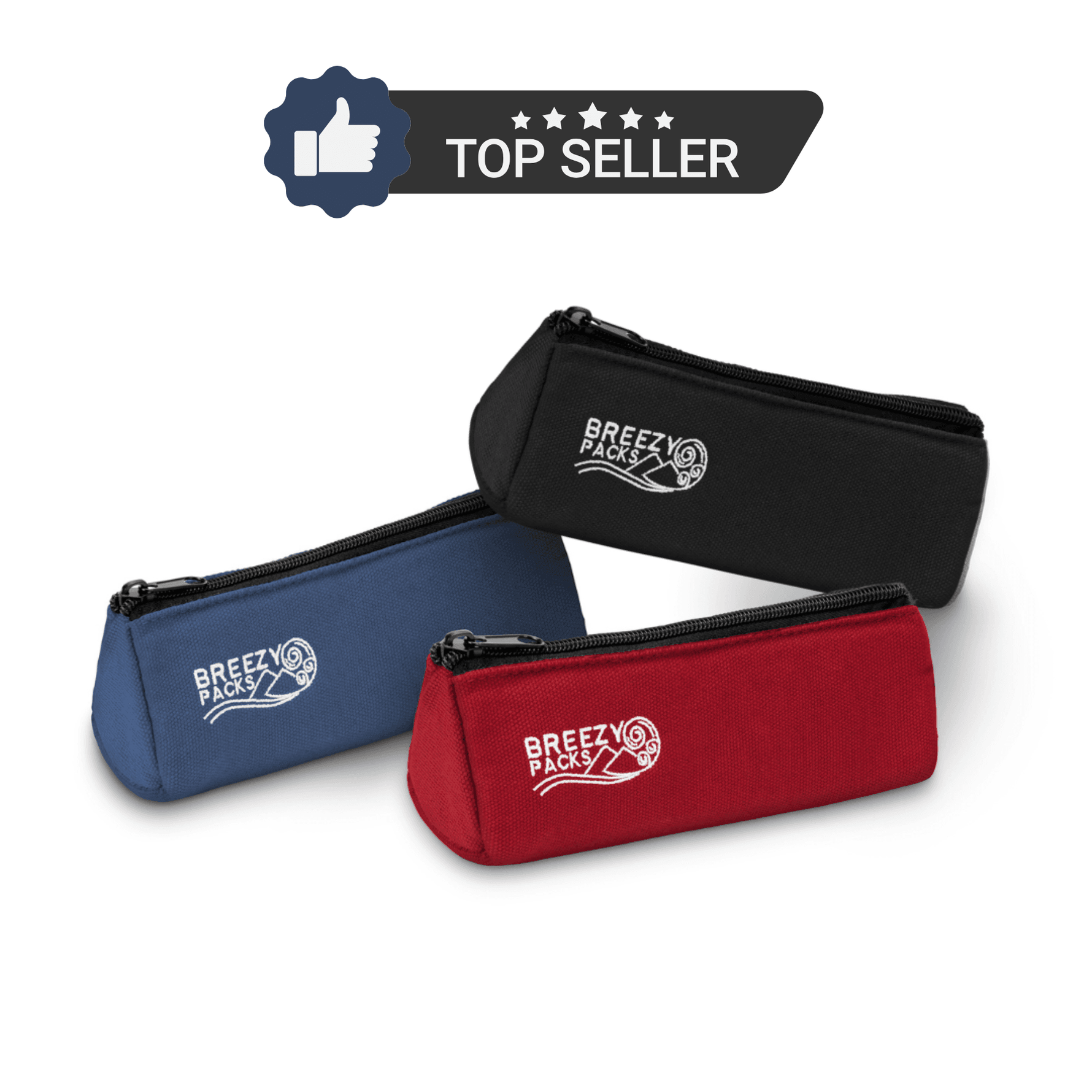 Three BreezyPacks in red, blue, and black with 'Breezy Pack' branding on a white background.