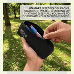 Person holding a black medicine case with text about its convenience. 