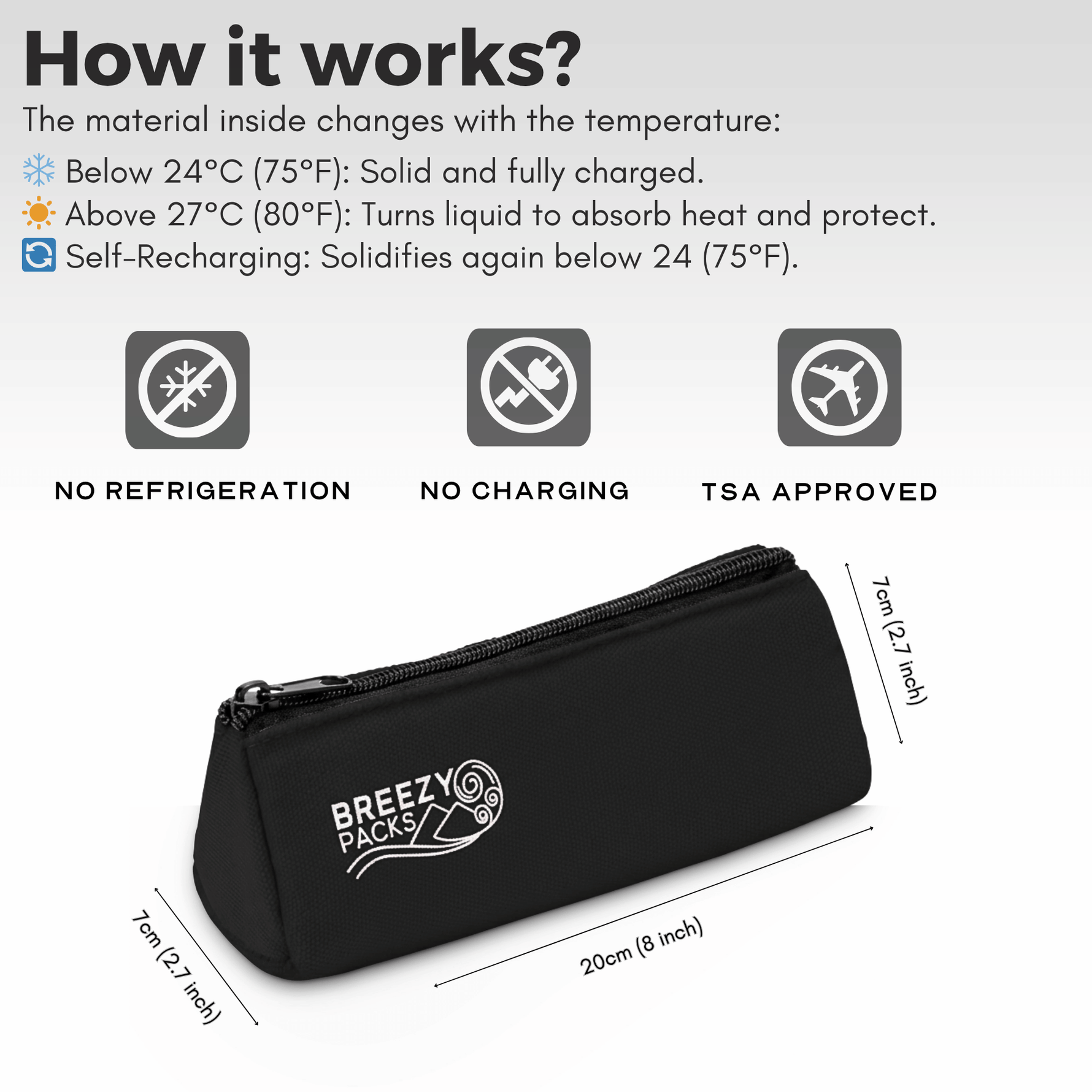 Black pouch with Breezy Pack logo and temperature change properties on a white background 