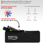 Black cooler bag with Breezy Packs branding, showing temperature resistance for medical devices. 