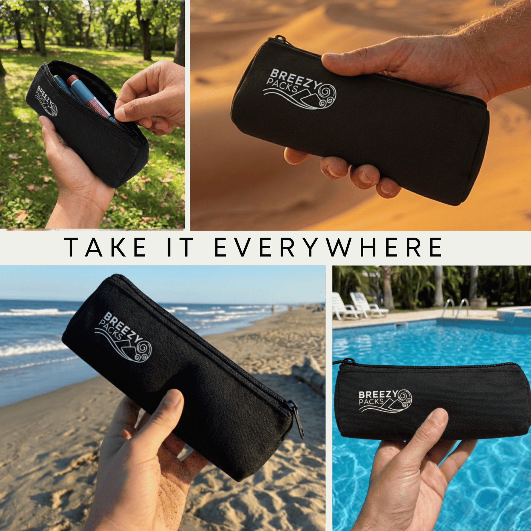 Black pouch with 'Breezy Packs' logo held by hands in various settings including a beach and pool. 