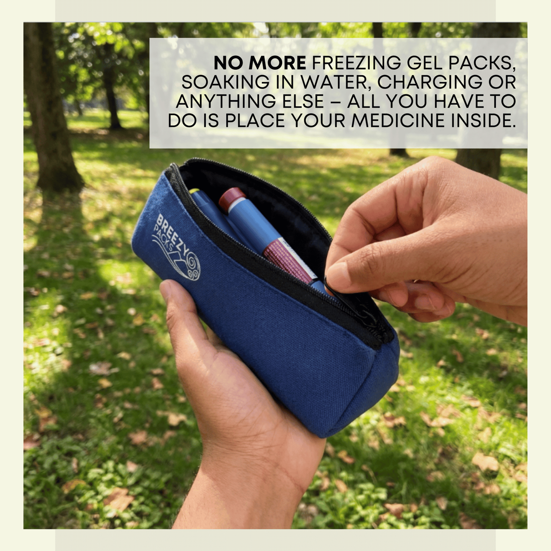 Person holding a blue medicine case with text about its convenience. 