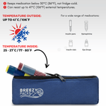 Blue temperature-controlled pouch for medications with temperature guidelines and product illustrations. 