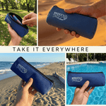 Collage of a blue pouch with 'Breezy' branding held by hands in various settings. 