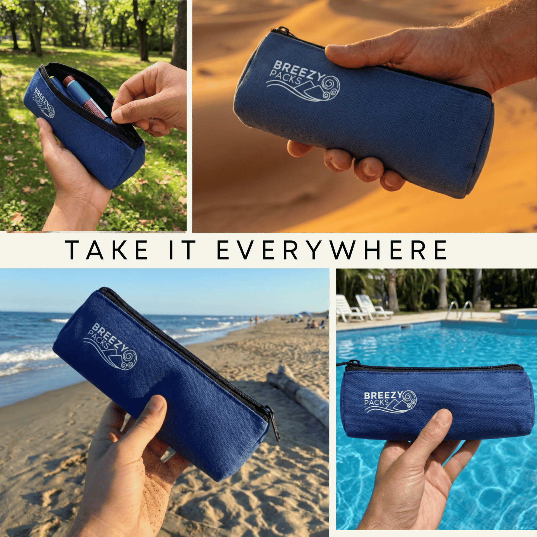 Collage of a blue pouch with 'Breezy' branding held by hands in various settings. 