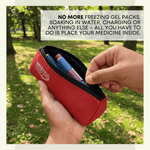 Red medicine pouch being held with text about convenience of use outdoors 