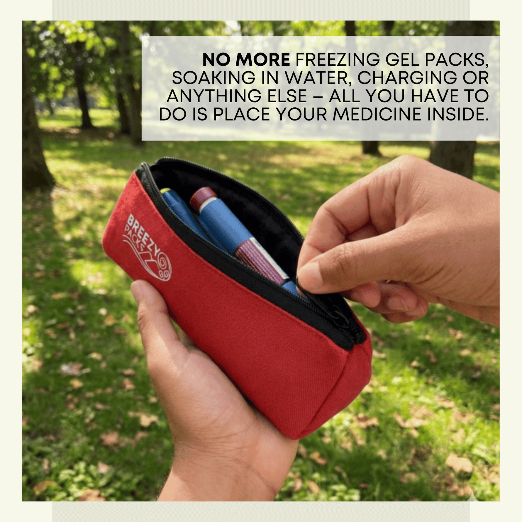 Red medicine pouch being held with text about convenience of use outdoors 