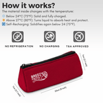 Red temperature-responsive pack with Breezy Packs branding, showing how it works with text and icons. 