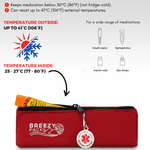 Red cooler bag with temperature control features and Breezy Packs branding on a white background. 