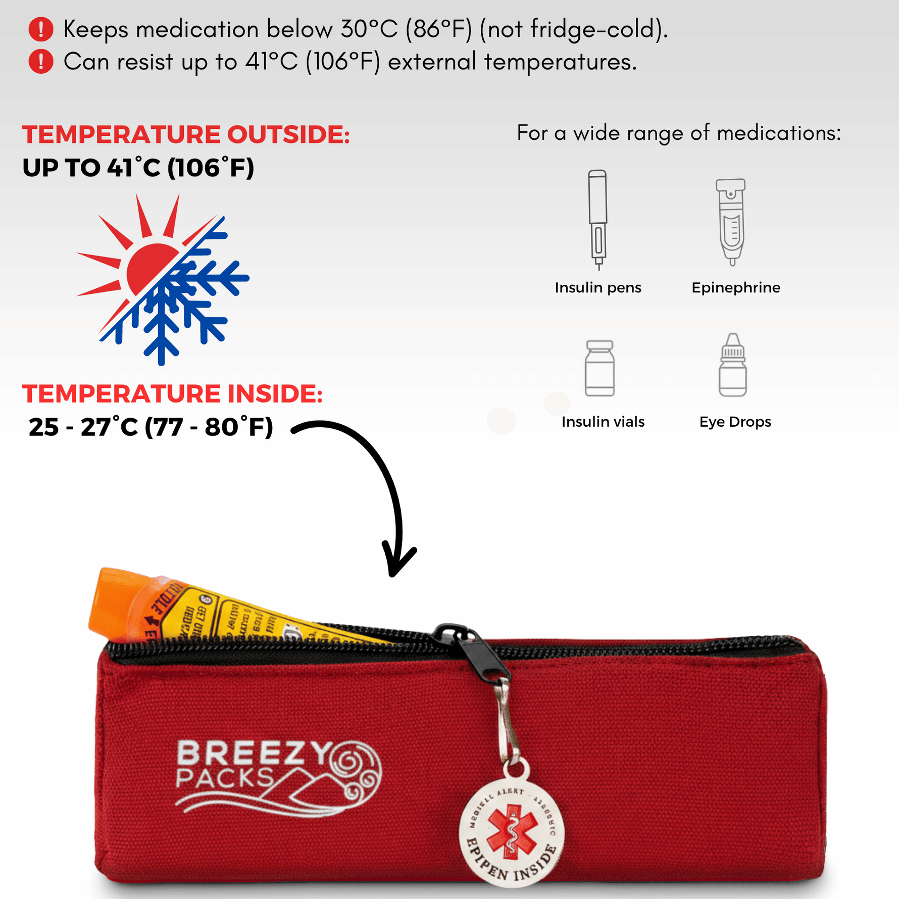 Red cooler bag with temperature control features and Breezy Packs branding on a white background. 