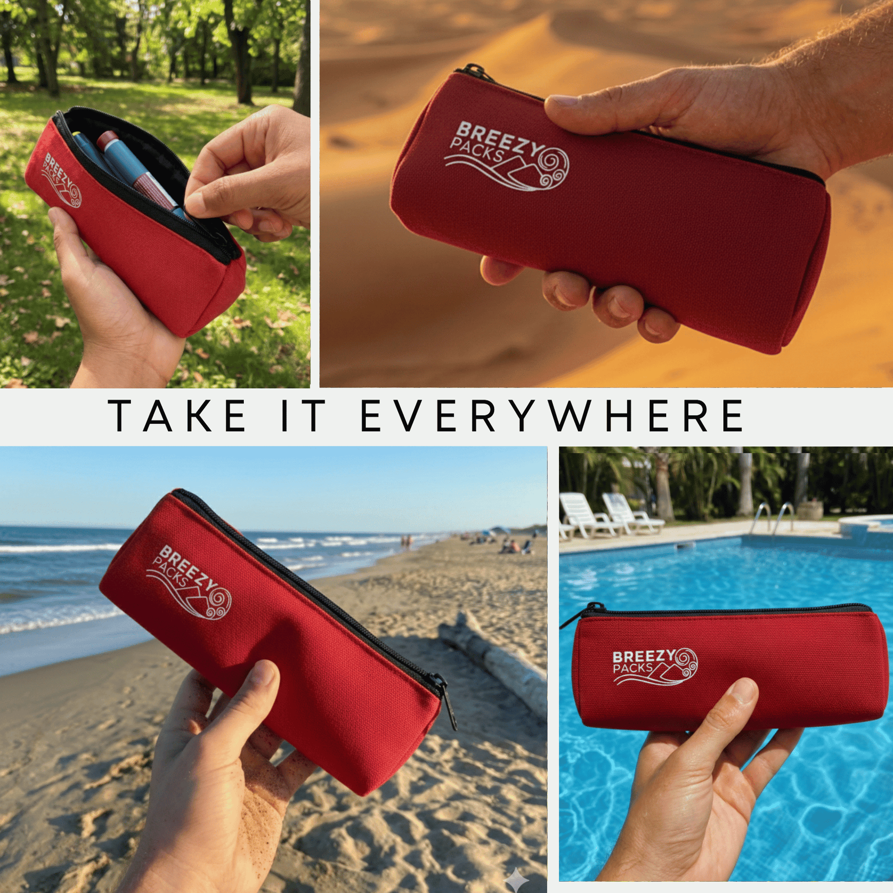 Red pouch with 'Breezy Packs' branding held by hands in various settings including beach, pool, and grass. 