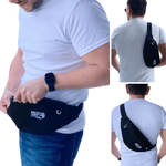 Black waist bag and sling bag worn by a person, with 'Breezy' branding. 