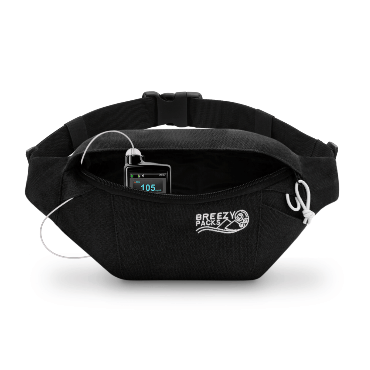 Black waist bag with 'Breezy Packs' logo on a white background 