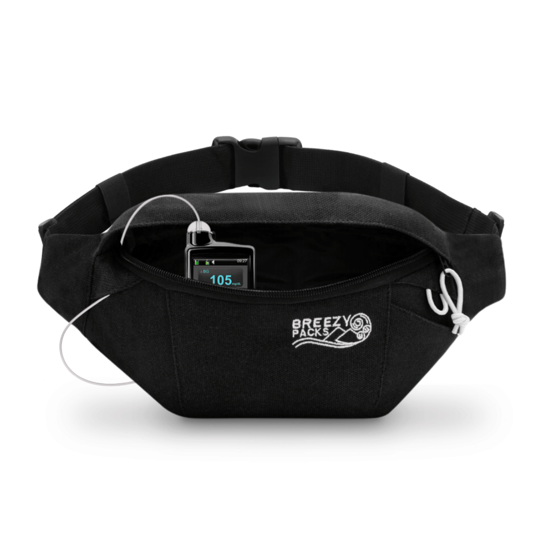 Black waist bag with 'Breezy Packs' logo on a white background 