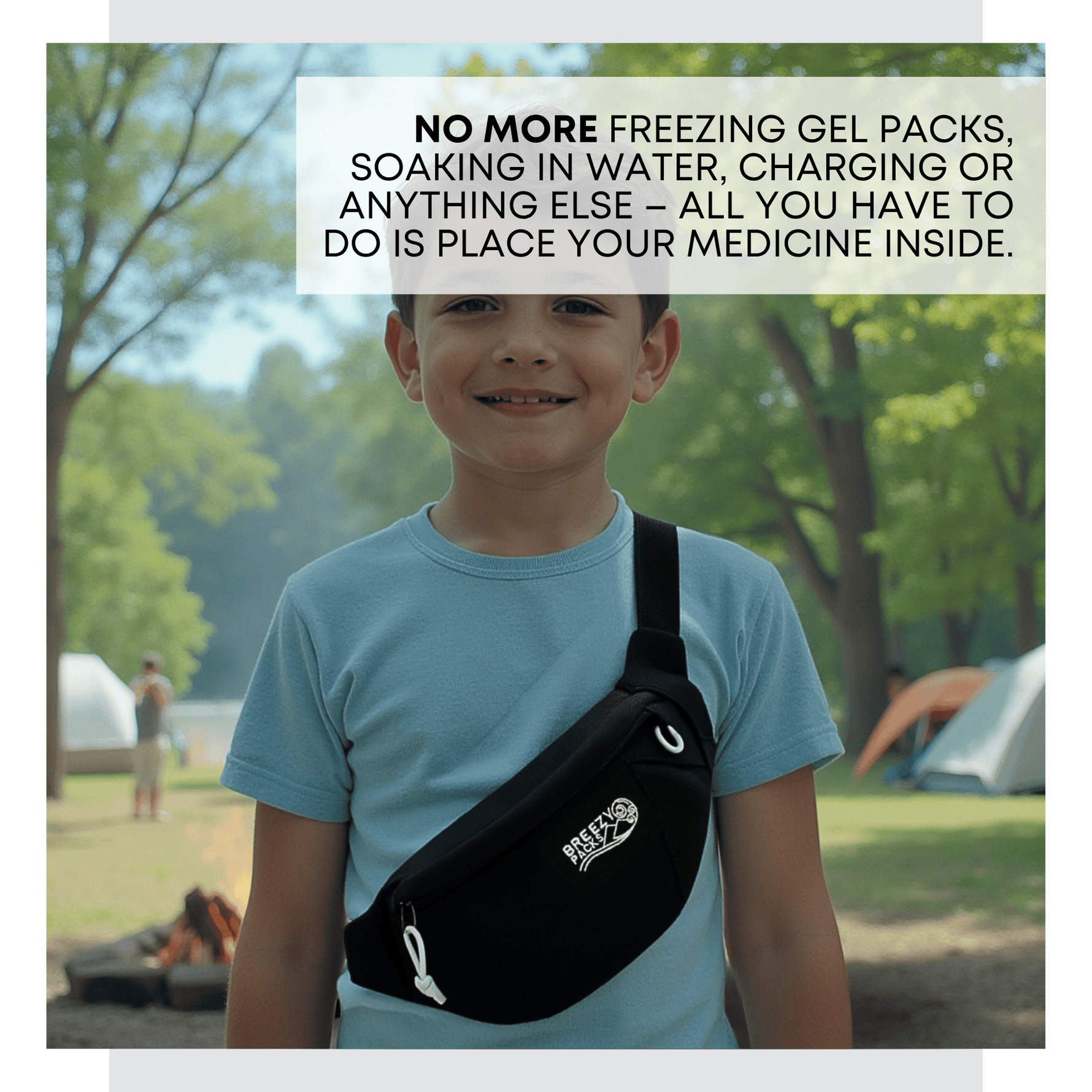 Child wearing a black medicine bag with text about a product, set against a camping background. 