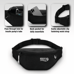 Black waist bag with features highlighted on a white background 