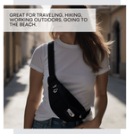 Person wearing a black sling bag with text about its uses. 