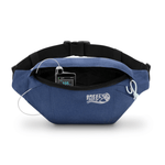 Blue waist bag with black strap on a white background 