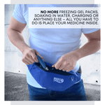 Person wearing a blue Breezy Pie medicine pouch with text about its convenience. 