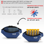 Blue cooler bag with insulin pens and vials on a white background 
