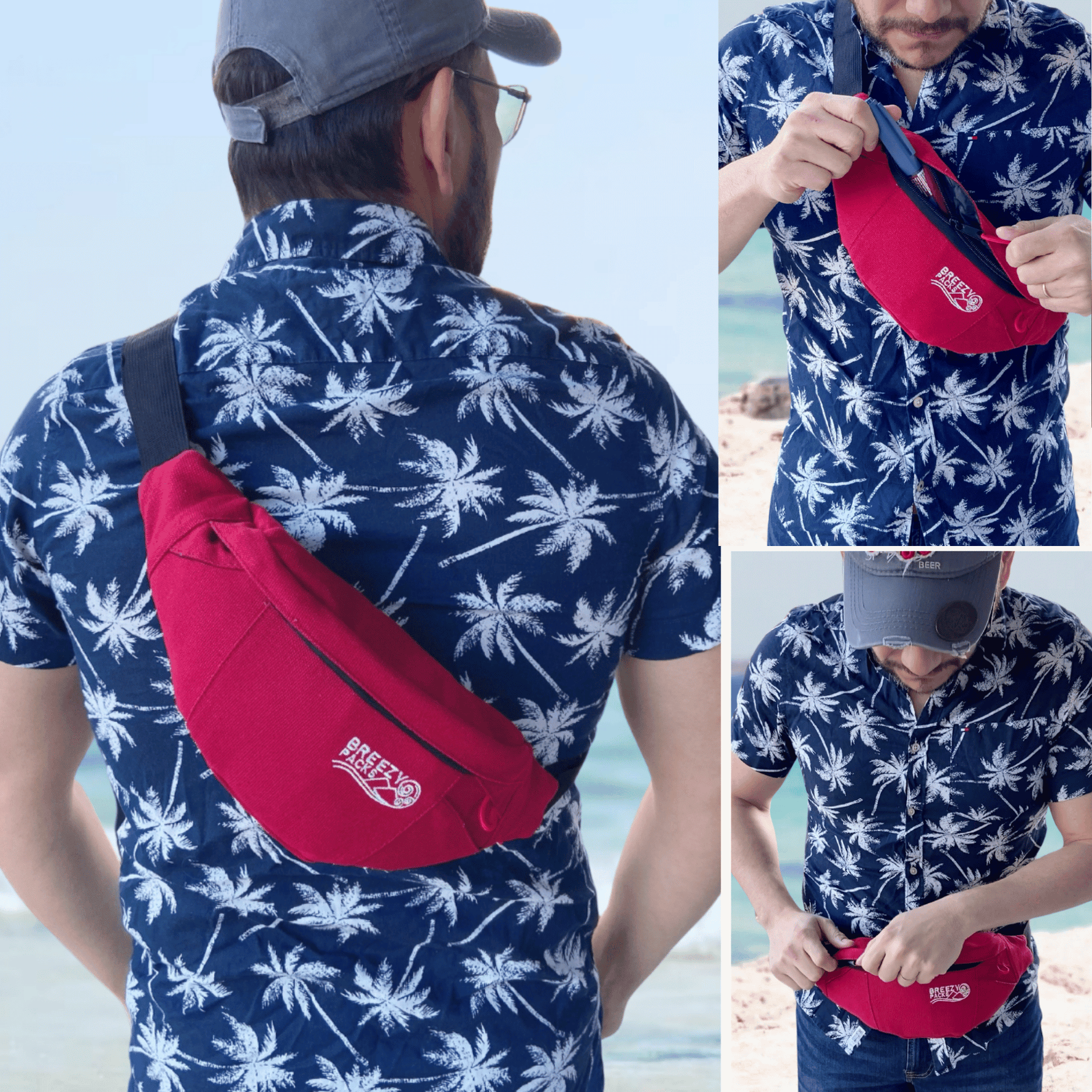 Man wearing a red waist bag with a palm tree pattern shirt on a beach. 