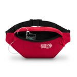 Red waist bag with black strap on a white background, featuring the 'Breezy Packs' logo. 