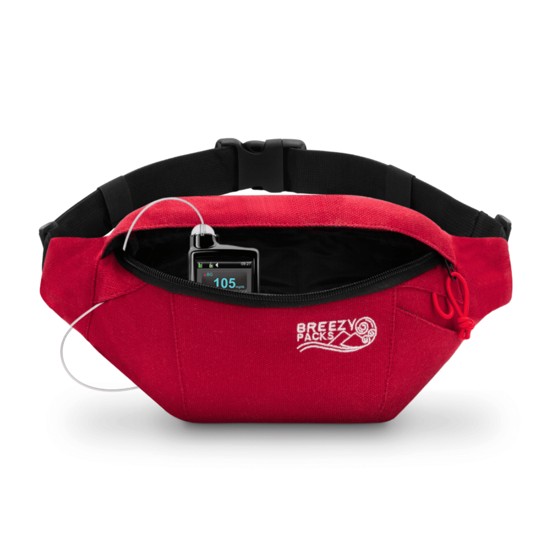 Red waist bag with black strap on a white background, featuring the 'Breezy Packs' logo. 