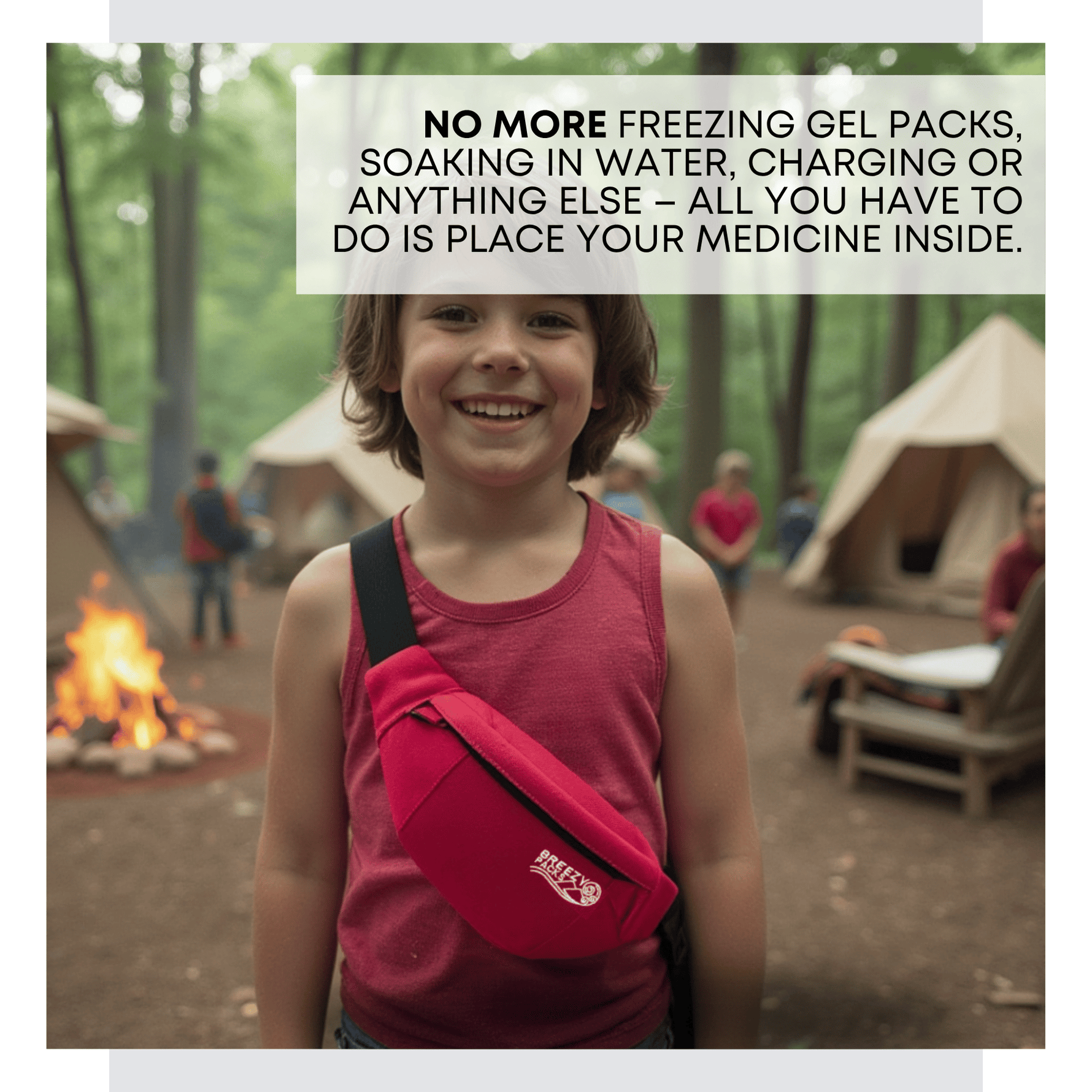 Child with a red bag in a camping setting with text about a medicine container. 