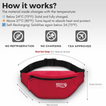Red waist bag with temperature-dependent material properties and dimensions on a white background  
