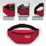 Red waist bag with features highlighted on a white background 