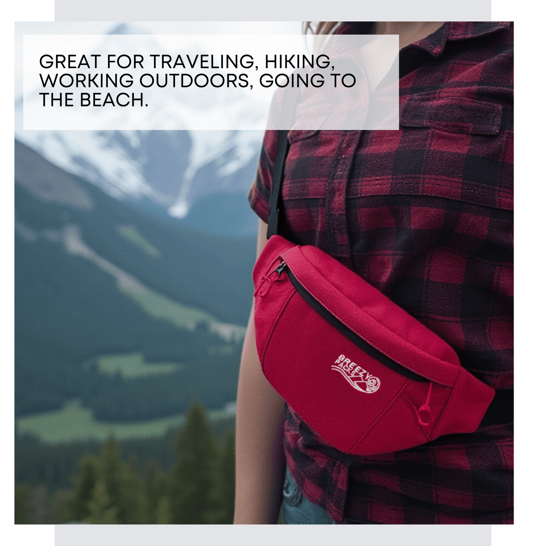 Person wearing a red waist bag with a scenic background 