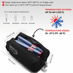 Black insulated medical bag with temperature-resistant features for insulin pens, epinephrine, insulin vials, and eye drops. 