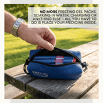 Blue medicine pouch with 'Breezy' branding on a wooden surface outdoors. 