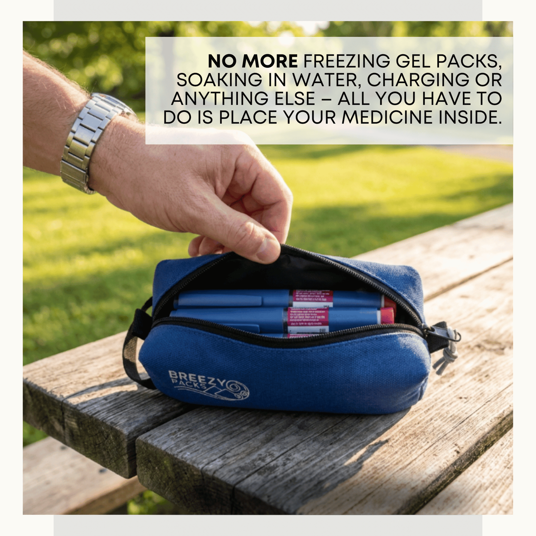 Blue medicine pouch with 'Breezy' branding on a wooden surface outdoors. 
