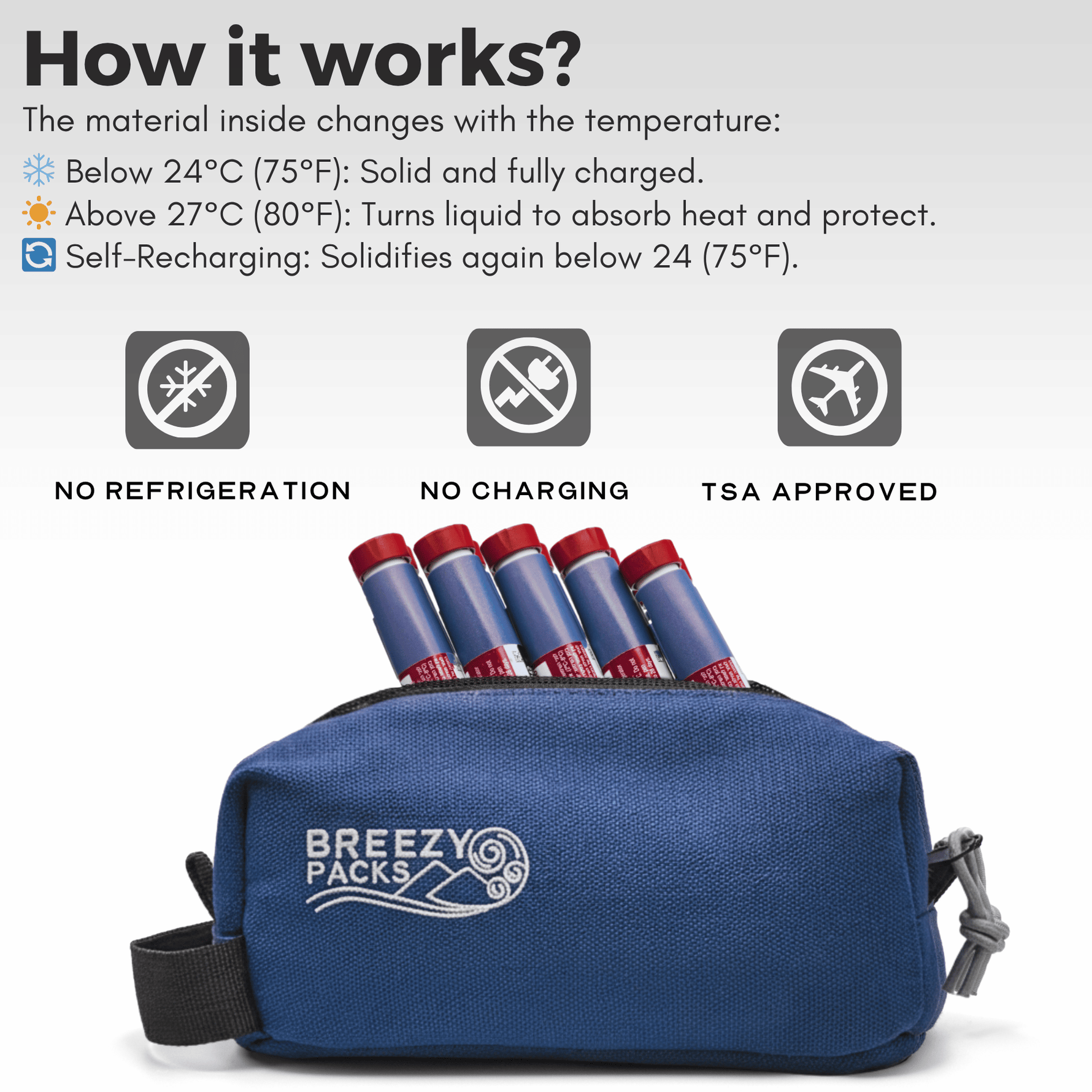 Blue Breezy Packs temperature-responsive packaging with text explaining its functions. 