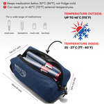 Blue cooler bag with insulin pens and its temperature resistance features. 
