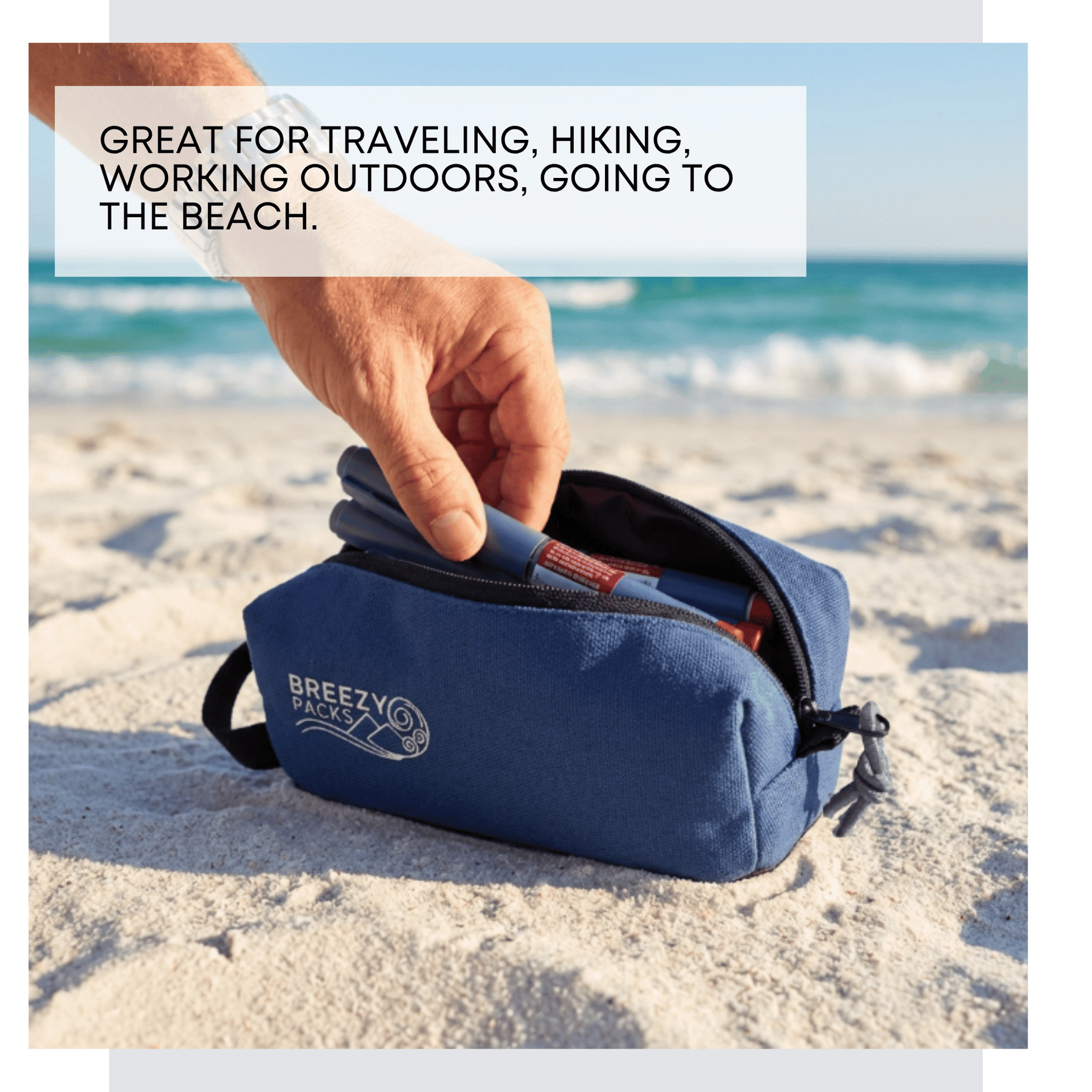 Blue pouch being held on a sandy beach with text about its uses. 