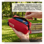 Red pouch with 'Breezy' branding held by a hand, with text about medicine storage. 