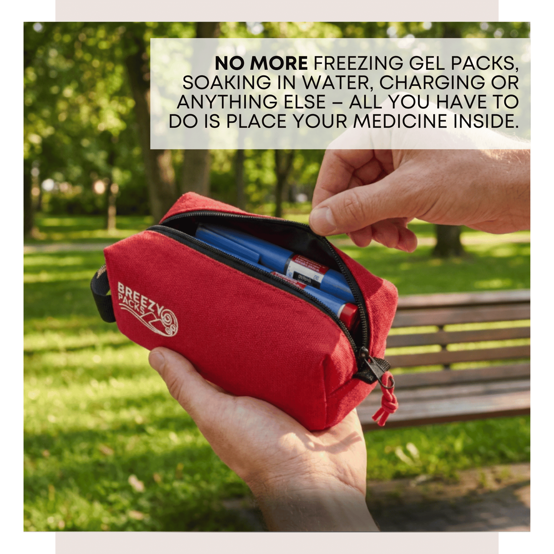Red pouch with 'Breezy' branding held by a hand, with text about medicine storage. 