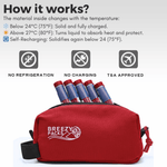 Red Breezy Packs bag with temperature-dependent material features and logo.
