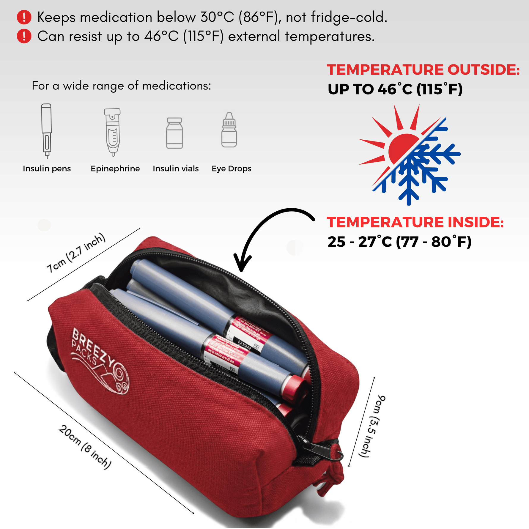 Red cooler bag with temperature resistance features for medical devices on a white background

