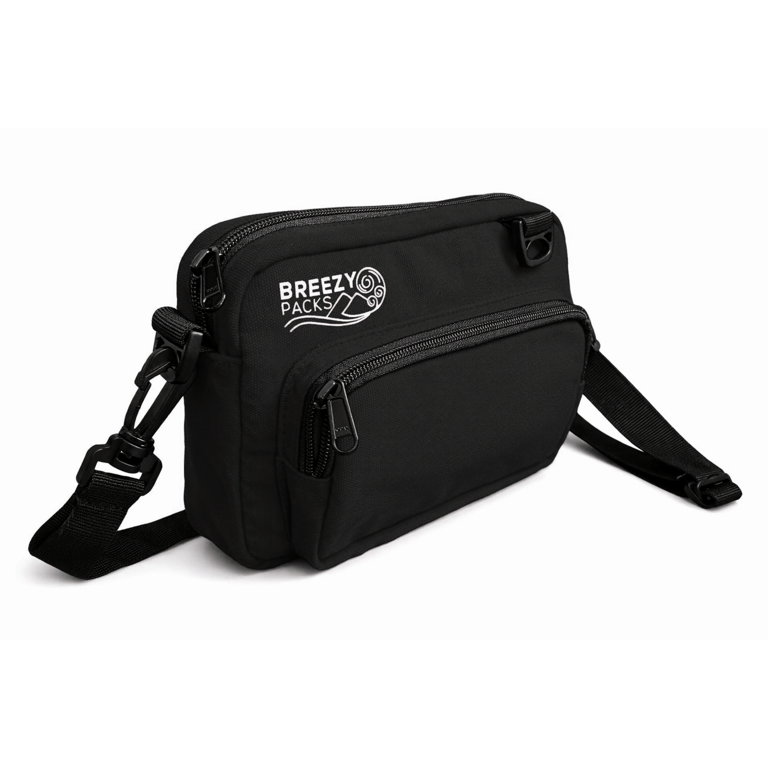 Black crossbody bag with 'Breezy Packs' logo on a white background 