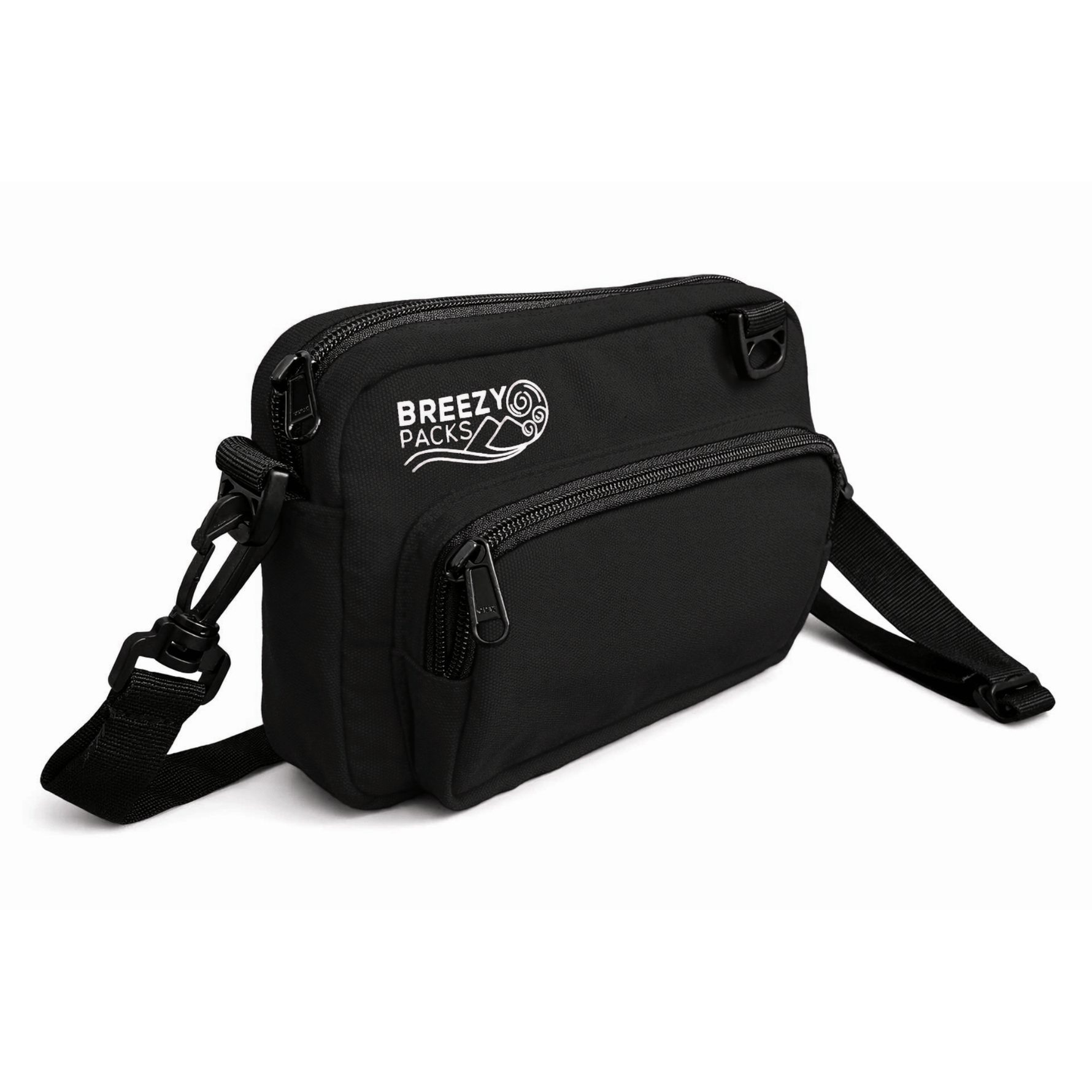 Black crossbody bag with 'Breezy Packs' logo on a white background 