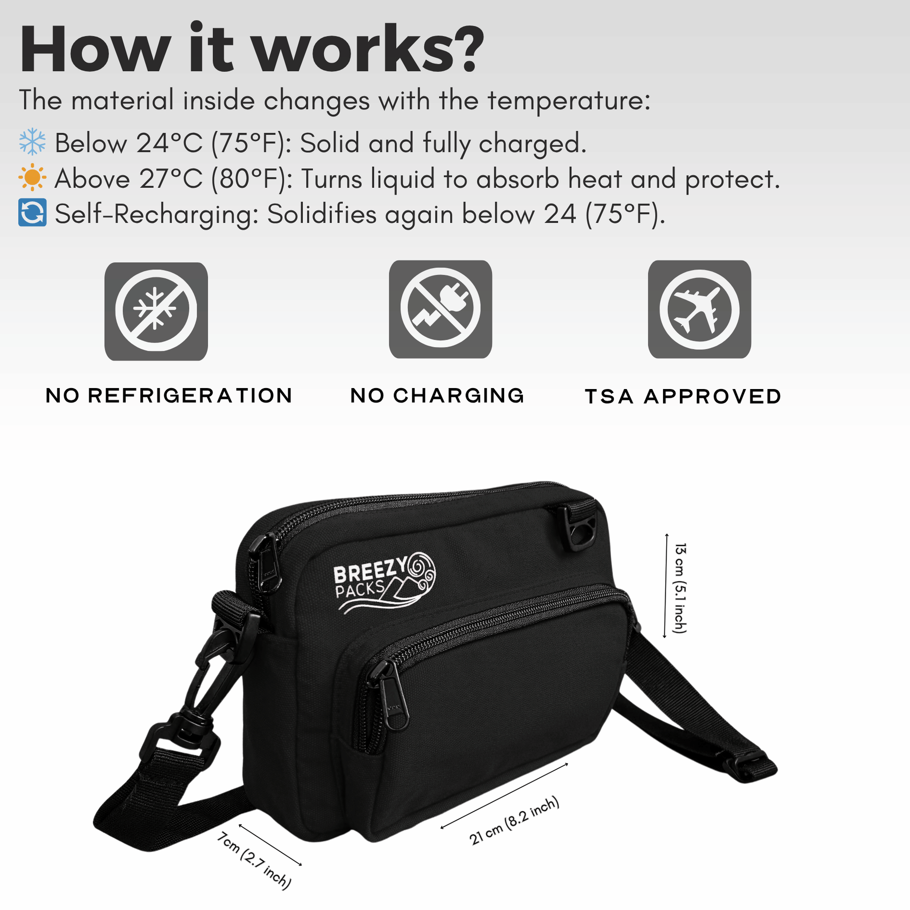 Black bag with Breezy Packs logo and temperature change properties on a white background 