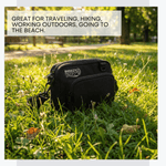 Black bag with 'Breezy' branding on grass, text about uses. 