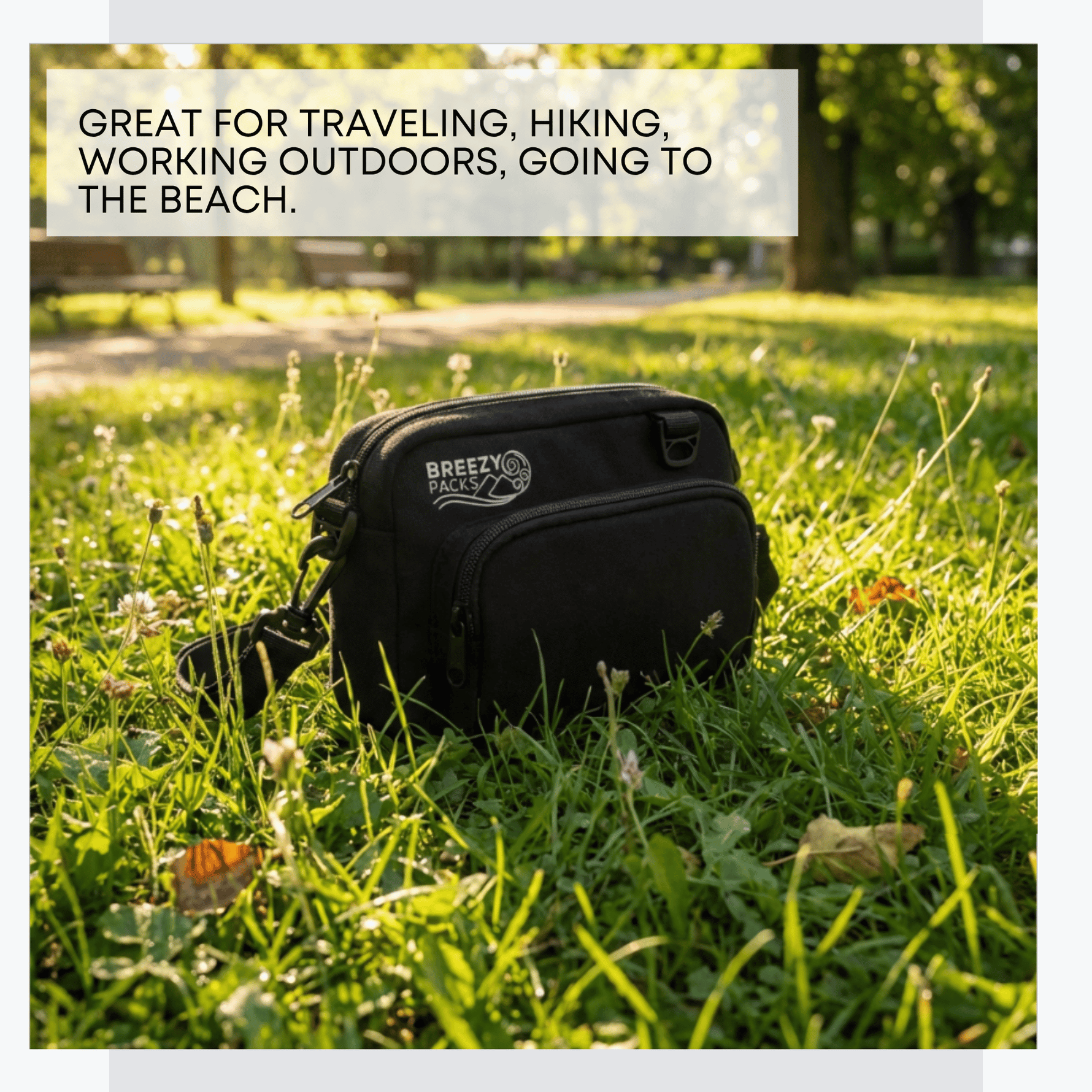 Black bag with 'Breezy' branding on grass, text about uses. 