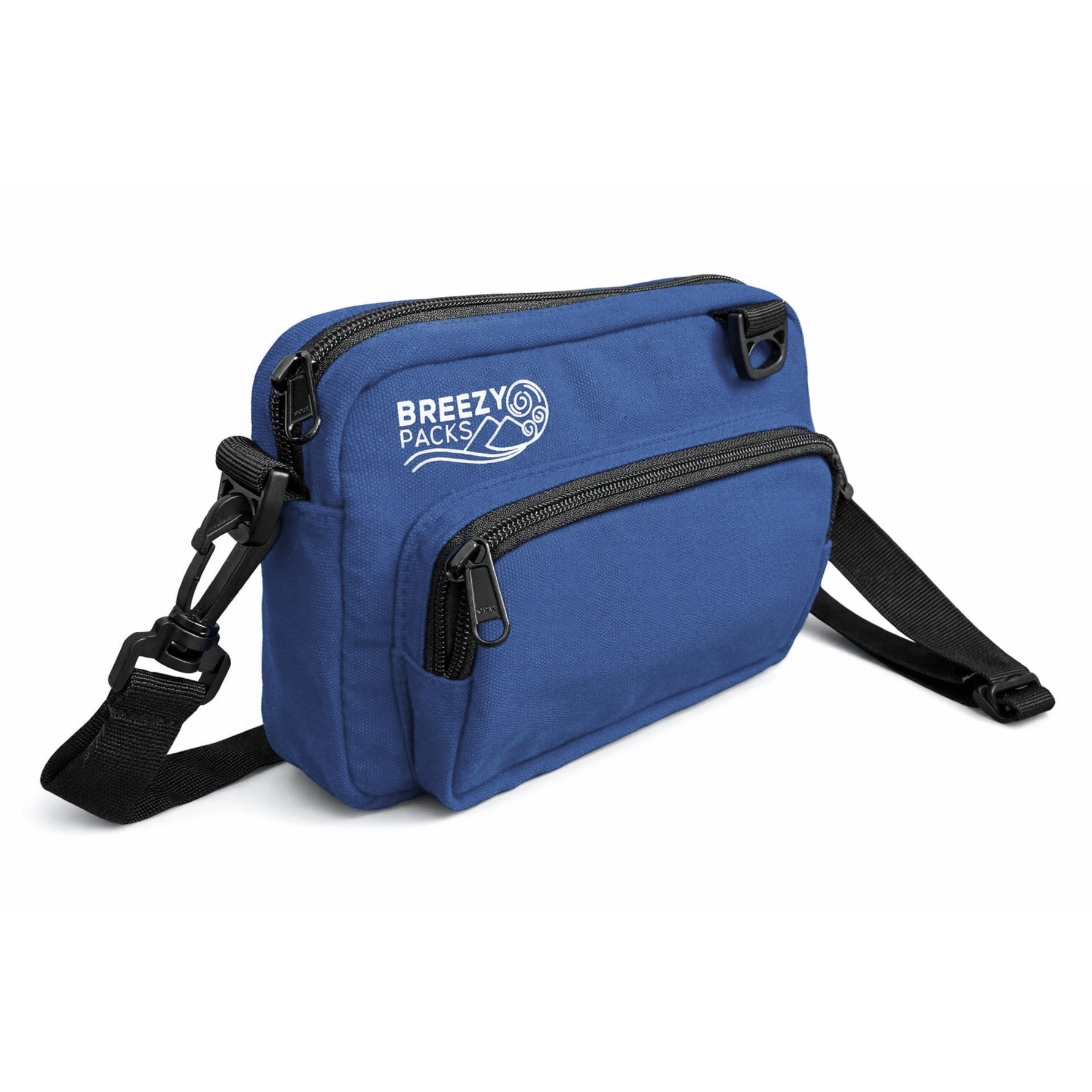 Blue bag with a strap on a white background, featuring the 'Breezy Packs' logo.  
