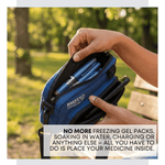 Person opening a blue Breeze Medicine Management case outdoors with text about the product's features. 