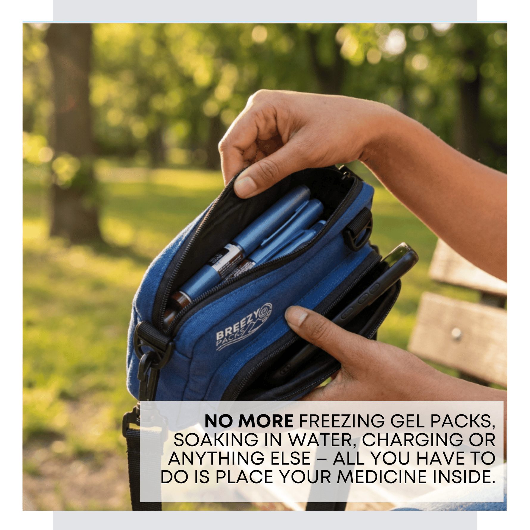 Person opening a blue Breeze Medicine Management case outdoors with text about the product's features. 