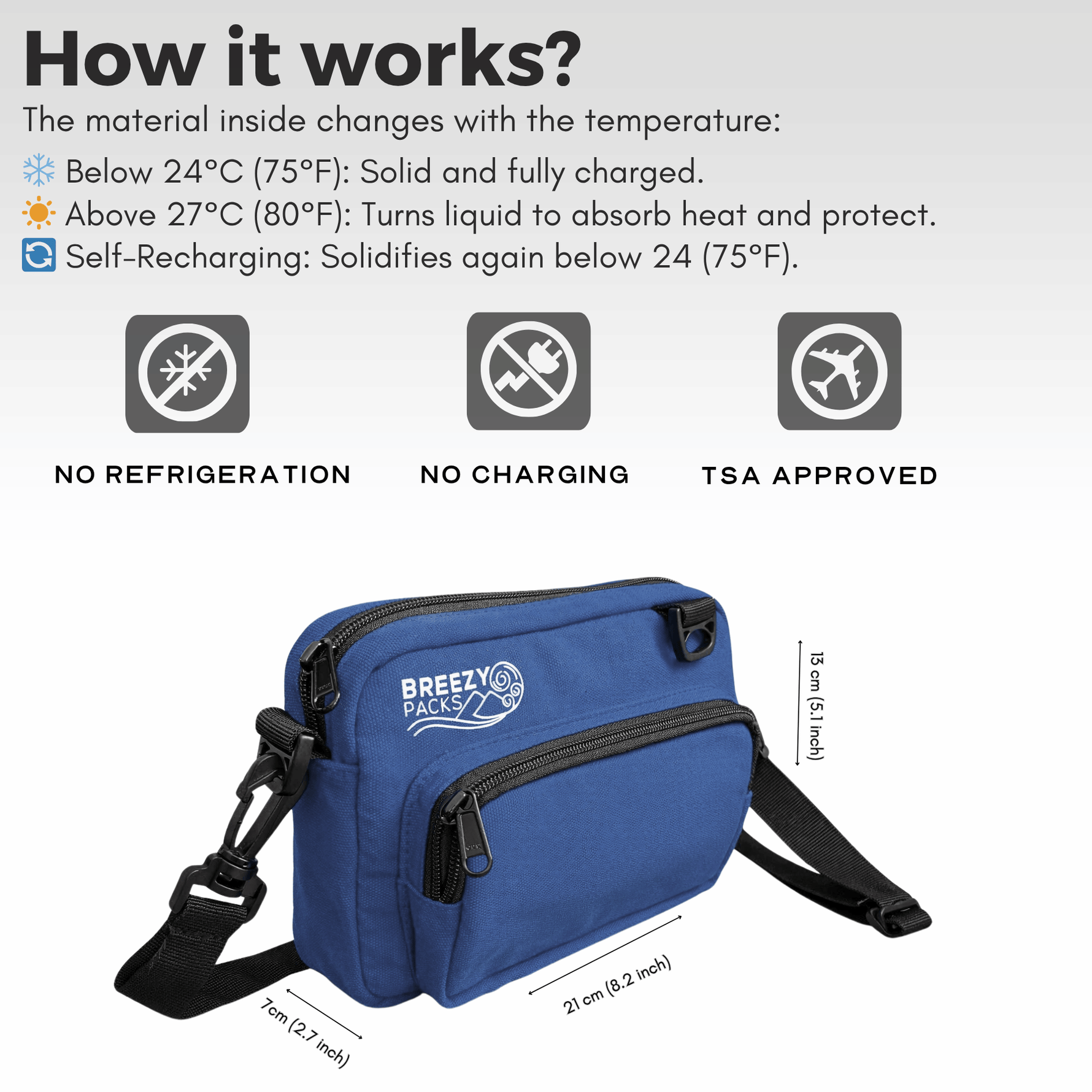 Blue cooler bag with Breezy Packs logo and temperature change properties on a white background 